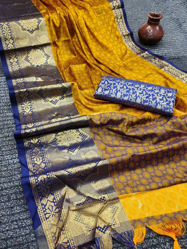 Bollywood Cotton Silk Saree  (Blue, Yellow)