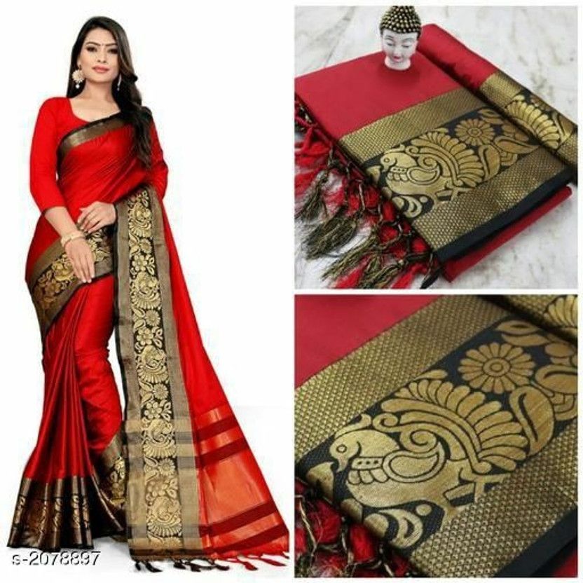Woven Dharmavaram Jacquard, Cotton Silk Saree  (Red, Gold)