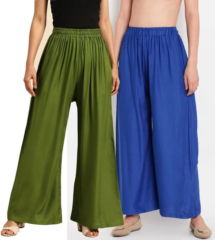 Pack of 2 Women Flared Dark Green, Blue Viscose Rayon Trousers