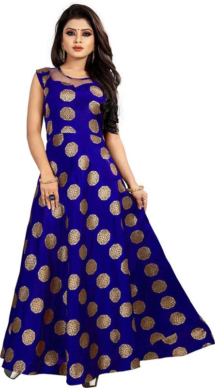 Woven Jacquard Stitched Flared/A-line Gown  (Dark Blue)