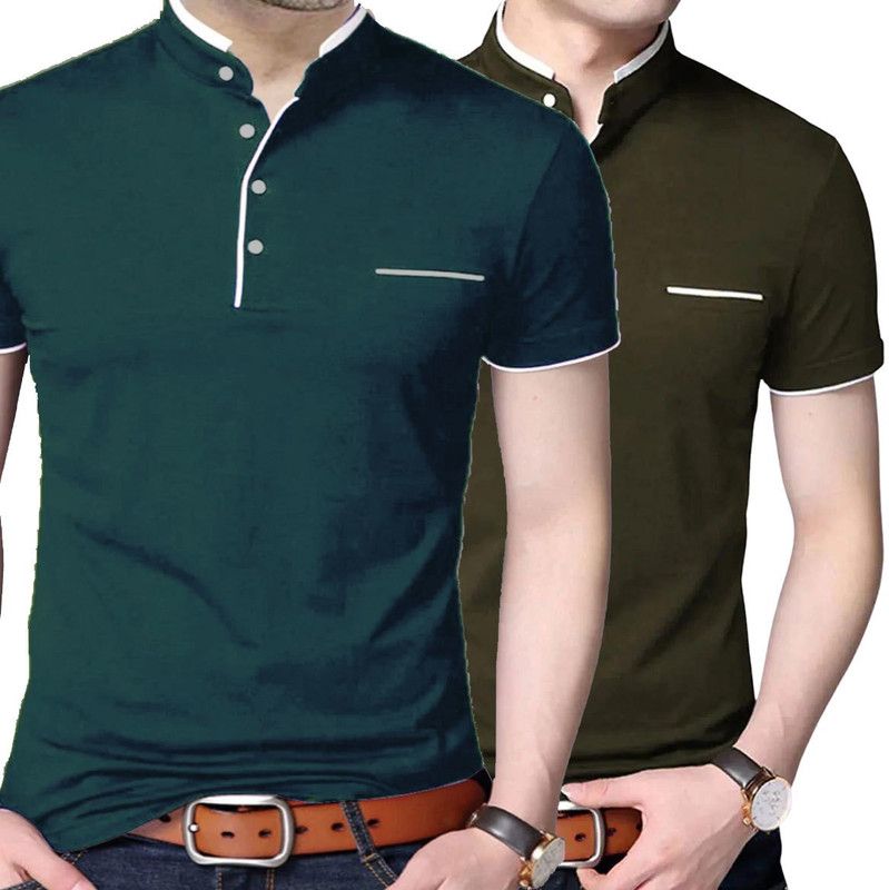 Pack of 2 Men Solid Mandarin Collar Cotton Blend Dark Green, Green T-Shirt