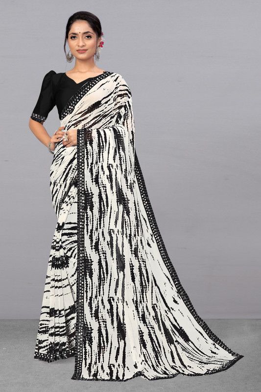 Striped Bollywood Georgette, Chiffon Saree  (White, Black)