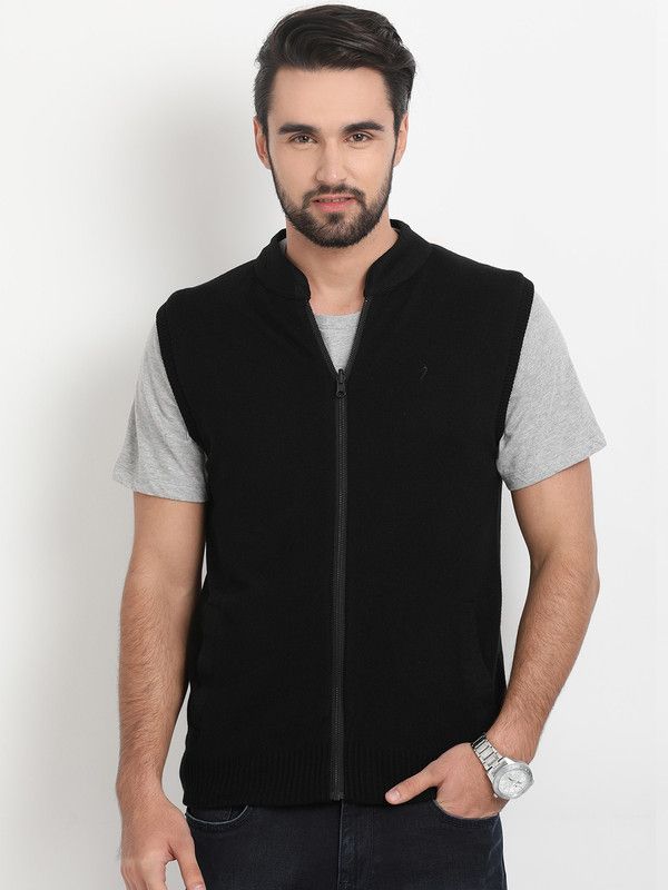 Men Self Design V Neck Black Sweater