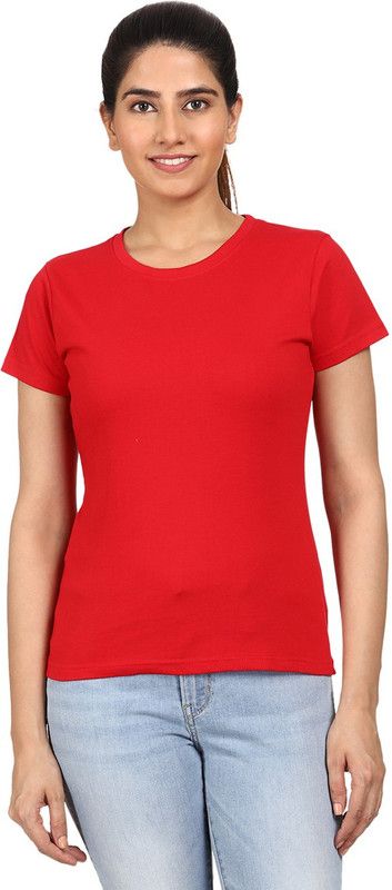 Mega Sleeves Round Neck T-Shirt Women Solid Round Neck Cotton Blend Red T-Shirt