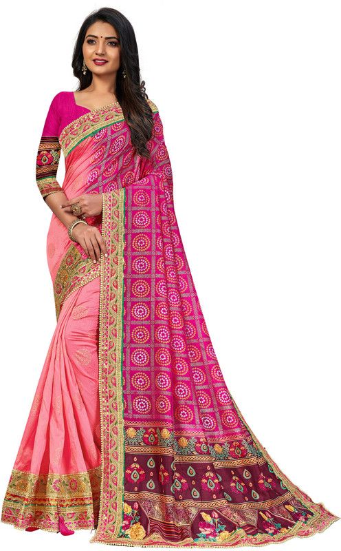 Embroidered Bandhani Art Silk Saree  (Pink)