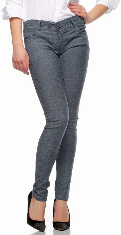 Women Slim Fit Black, Grey Cotton Blend Trousers