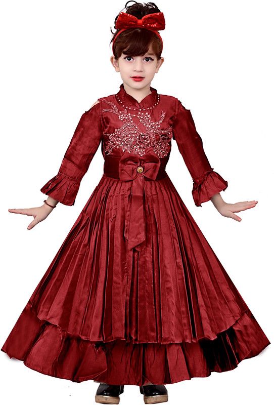 Girls Maxi/Full Length Party Dress  (Maroon, 3/4 Sleeve)
