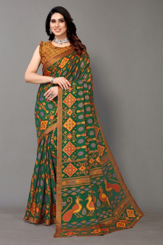 Fashion Cotton Linen, Brasso Saree  (Dark Green)