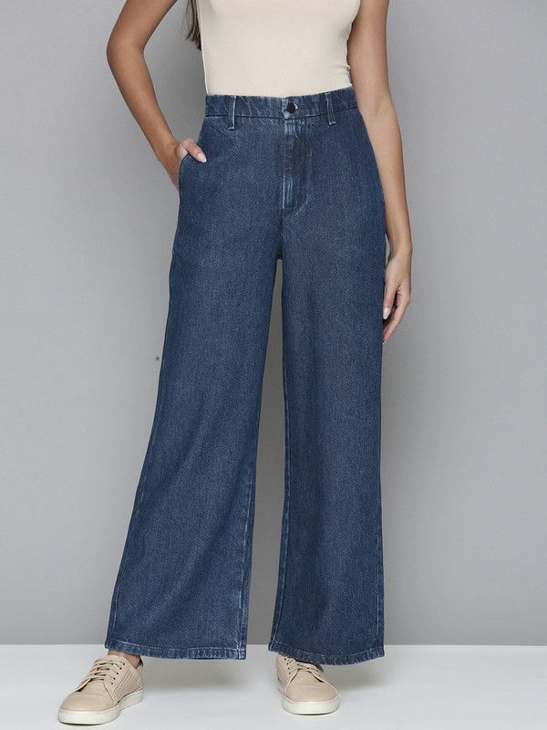 Wide leg Women High Rise Blue Jeans
