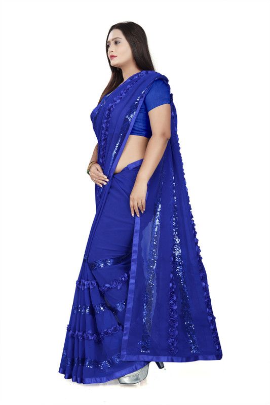 Embellished Bollywood Georgette, Silk Blend Saree  (Light Blue)