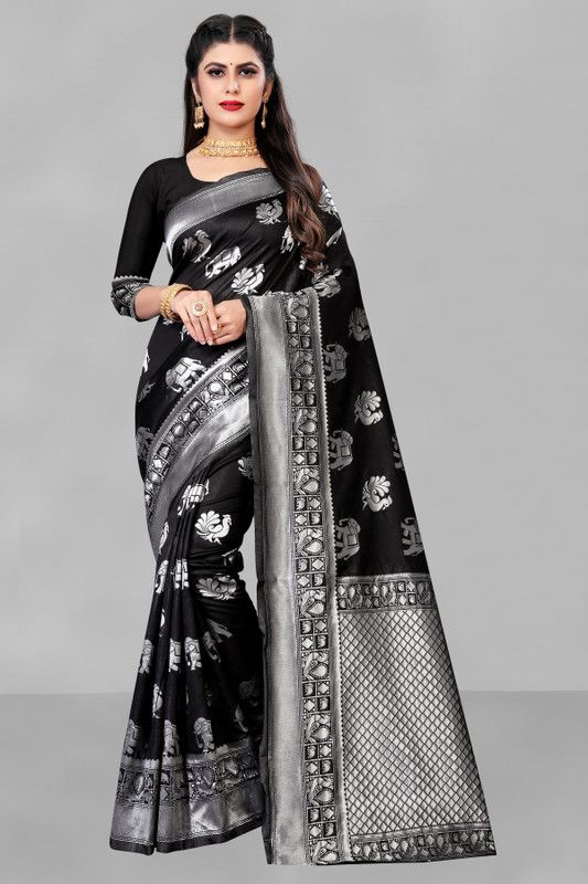 Printed Jamdani Jacquard Saree  (Black)
