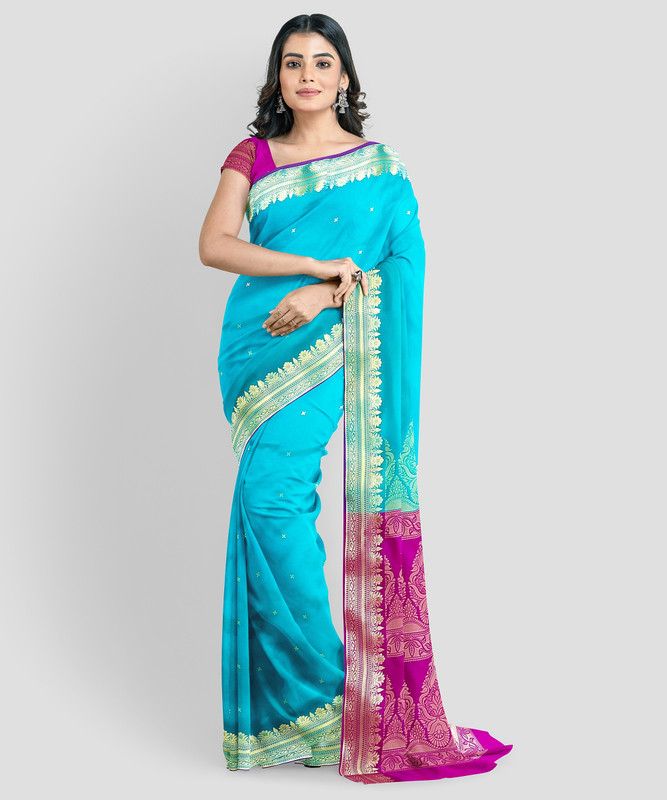 Self Design, Woven Banarasi Polyester Saree  (Magenta, Light Blue)