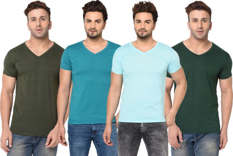 Pack of 4 V neck Combo T-shirts Multicolor Men Solid V Neck Cotton Blend Green, Blue T-Shirt