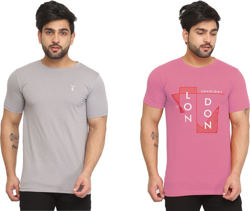 Printed Men Grey, Pink T-Shirt  (Pack of 2)
