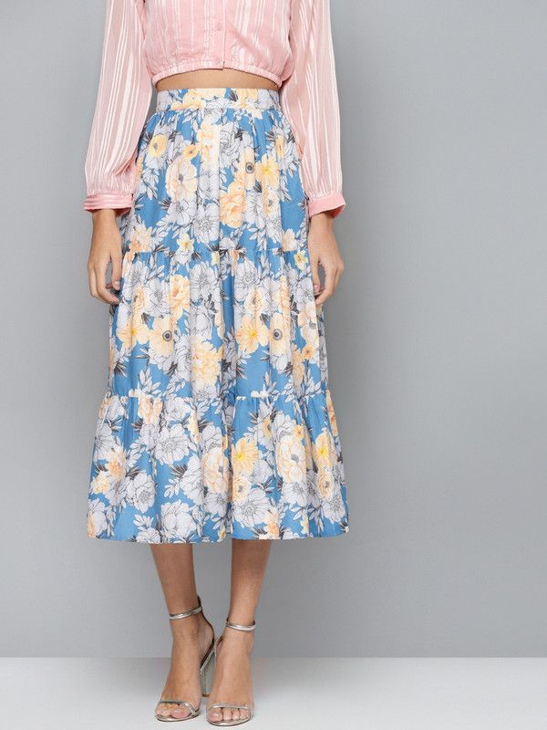 Women Floral Print Tiered Blue Skirt