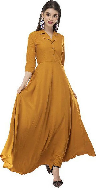 Women Solid Crepe Gown Kurta  (Yellow)