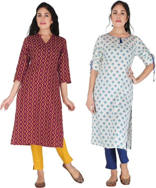Women Kurta  (Purple, White)
