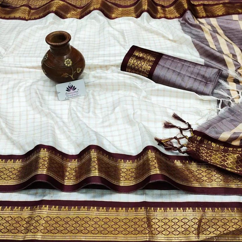 Woven Bollywood Art Silk, Cotton Silk Saree  (White, Brown)