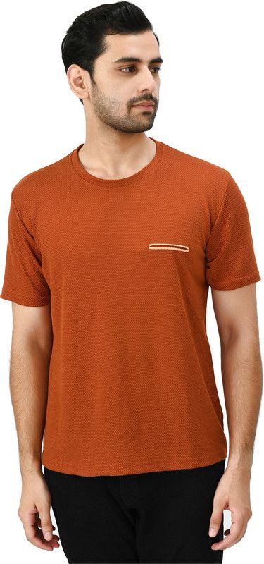 Men Self Design Round Neck Polyester Orange T-Shirt