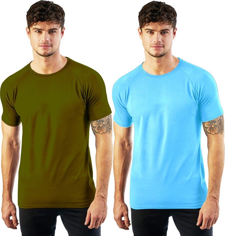 Pack of 2 Solid Men Round Neck Olive,Sky Blue T-Shirt Men Solid Round Neck Cotton Blend Green, Light Blue T-Shirt
