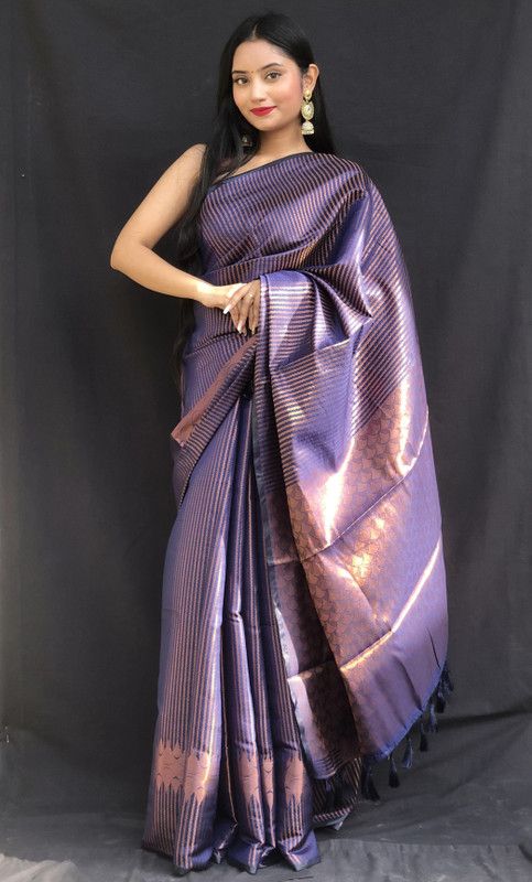 Striped Kanjivaram Silk Blend Saree  (Dark Blue)