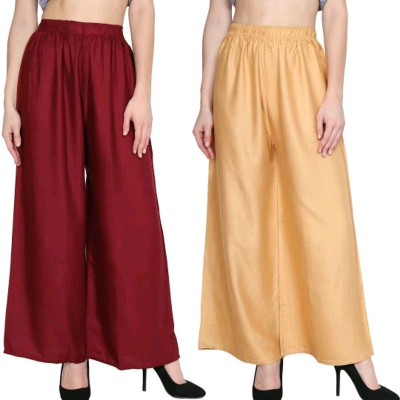Pack of 2 Women Regular Fit Gold, Maroon Cotton Blend Trousers