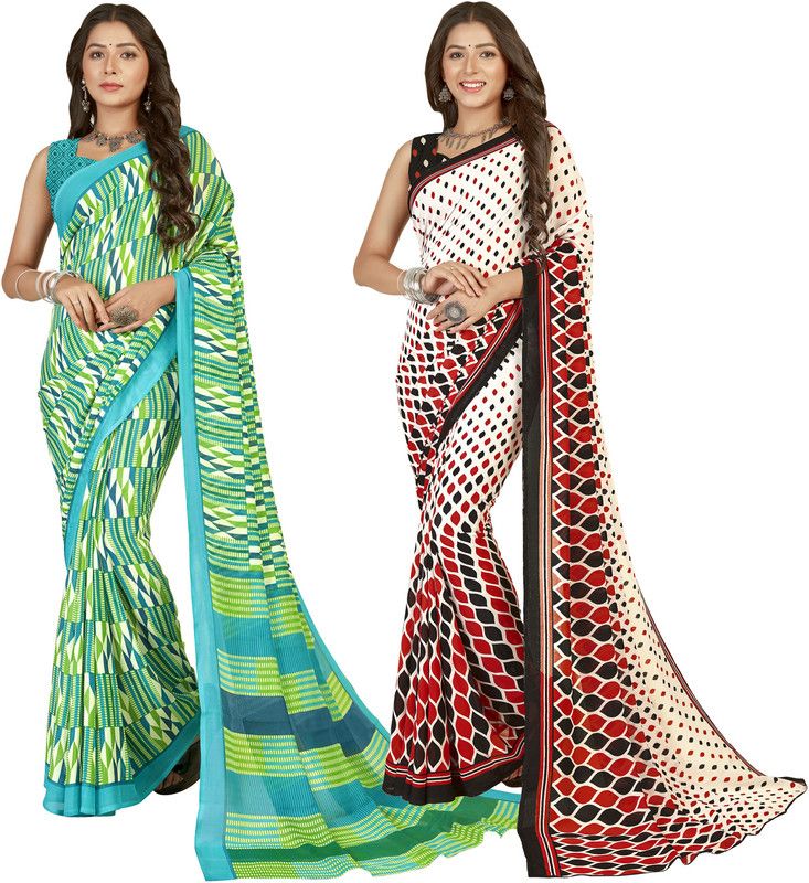 Paisley, Striped, Floral Print, Ombre, Printed Daily Wear Georgette Saree  (Pack of 2, Green, Light Blue, Multicolor)