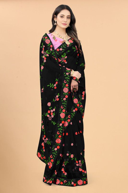 Floral Print Chettinadu Net Saree  (Black)