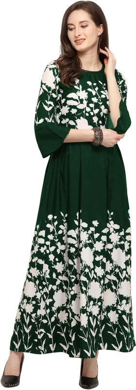 Polyester Stitched Flared/A-line Gown  (Dark Green)