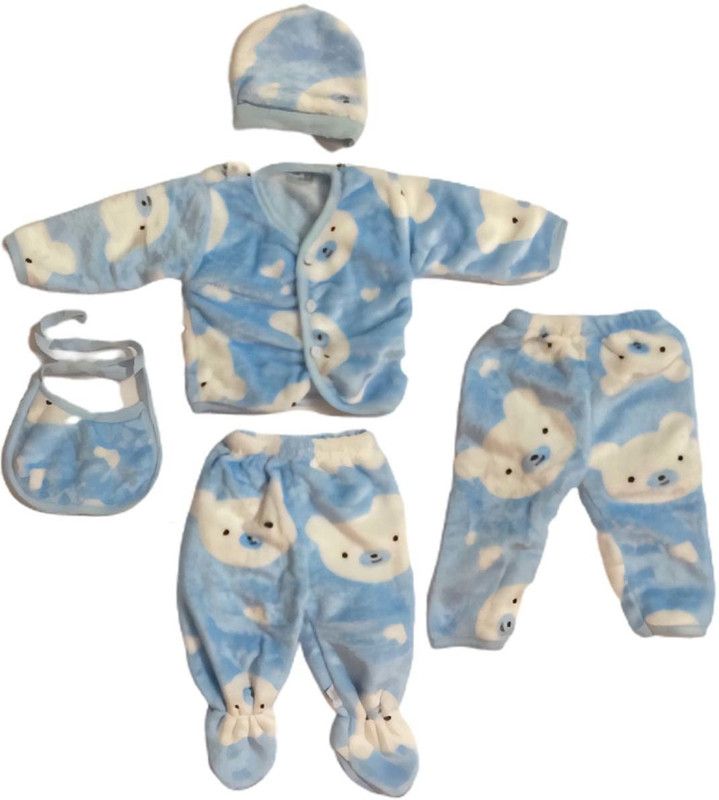 Baby Boys & Baby Girls Casual Sweater Bib, Cap, Pyjama  (Blue)