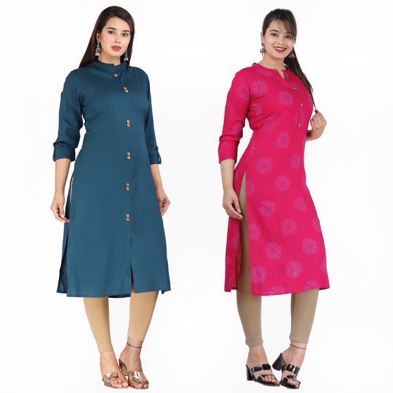 Pack of 2 Women Self Design Viscose Rayon Straight Kurta  (Blue, Pink)