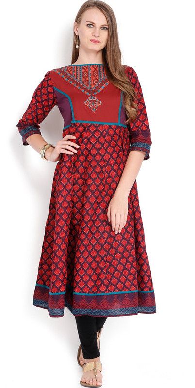 Women Printed Cotton Blend Anarkali Kurta  (Red, Pink)