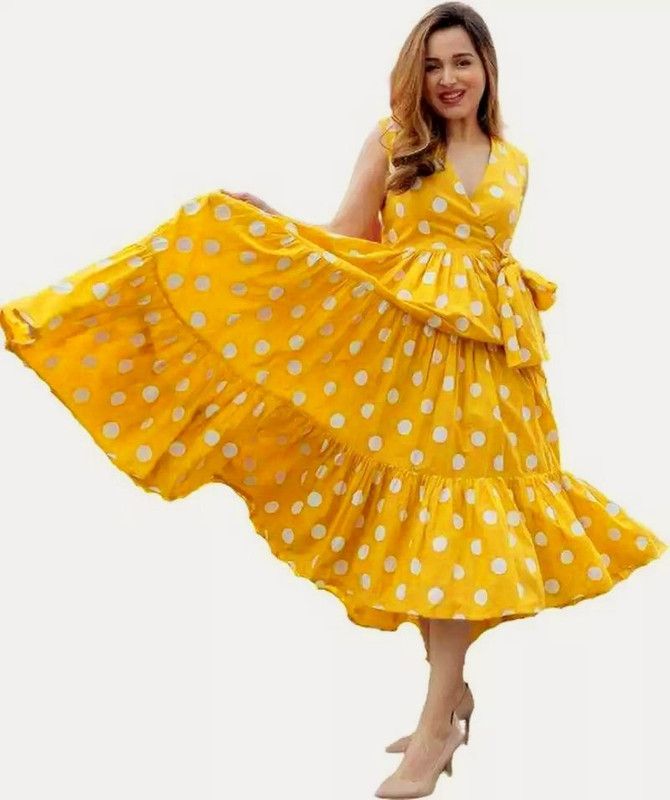 Polka Print Rayon Blend Stitched Flared/A-line Gown  (Yellow)