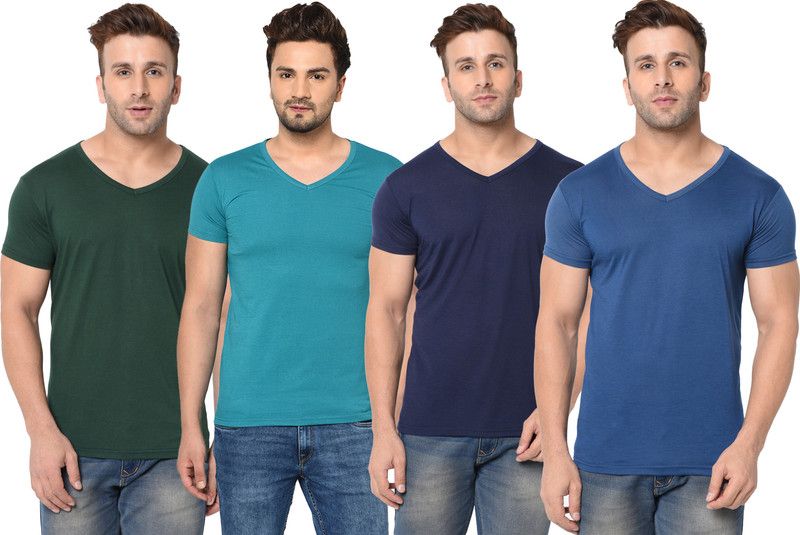Pack of 4 V-Neck Combo Men Solid V Neck Cotton Blend Multicolor T-Shirt