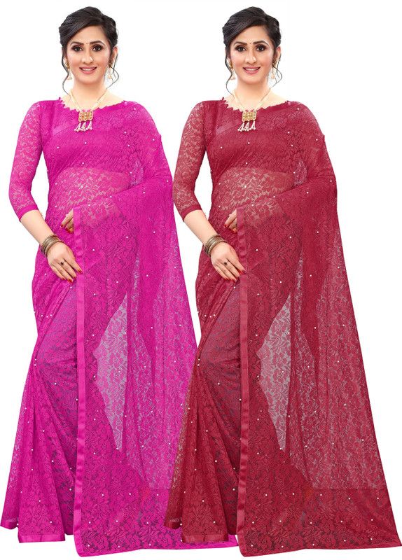 Embellished Bollywood Net Saree  (Pack of 2, Maroon, Pink)