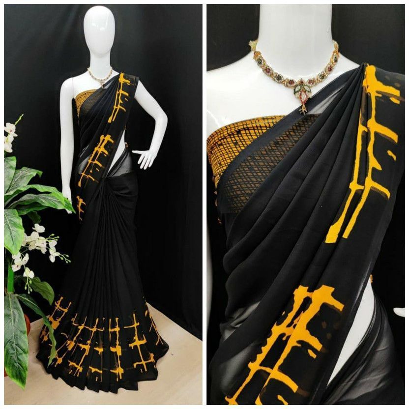 Geometric Print Daily Wear Georgette Saree  (Black)