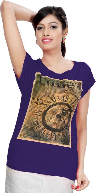 Casual Cap Sleeves Graphic Print Women Purple Top