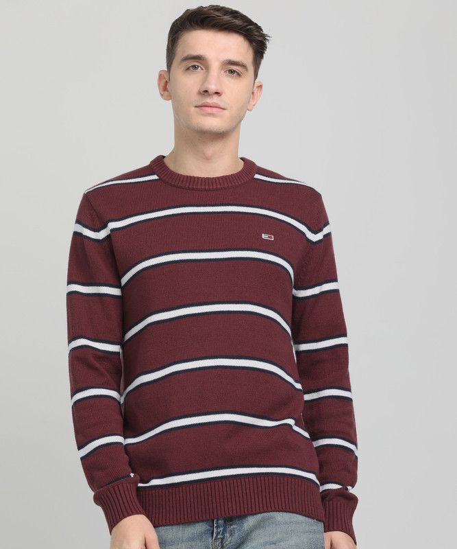 Men Striped Round Neck Maroon Sweater