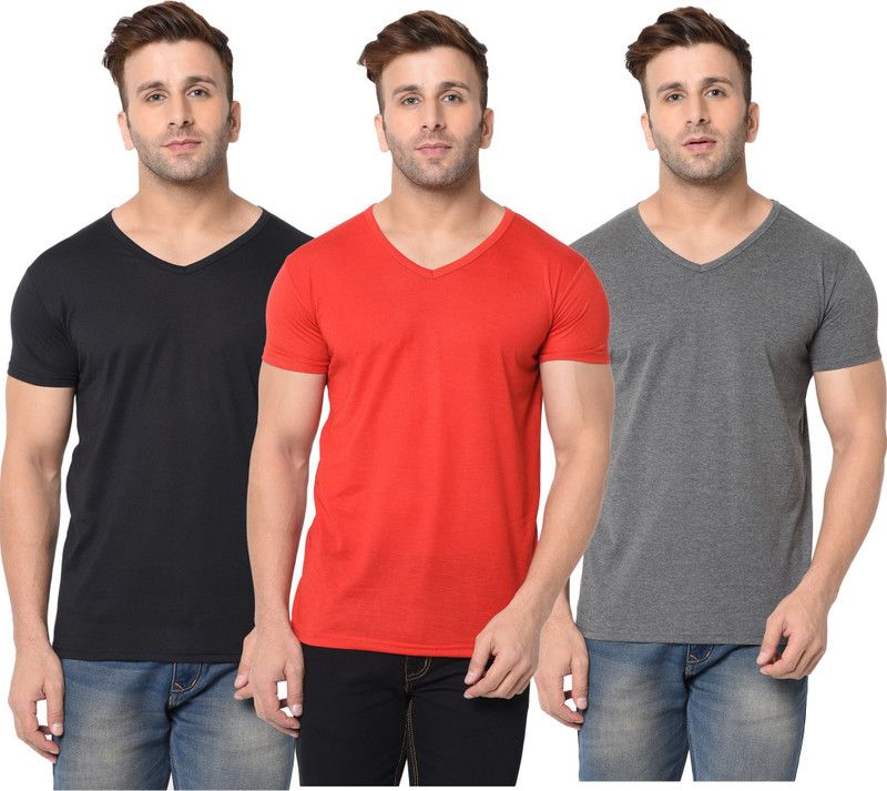 Pack of 3 Men Solid V Neck Cotton Blend Red, Black, Grey T-Shirt