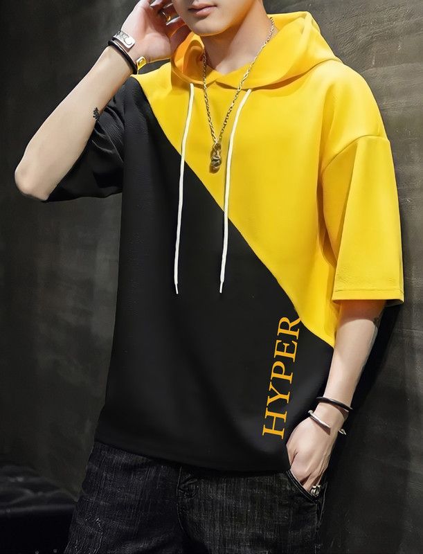 Women Colorblock V Neck Cotton Blend Black, Yellow T-Shirt