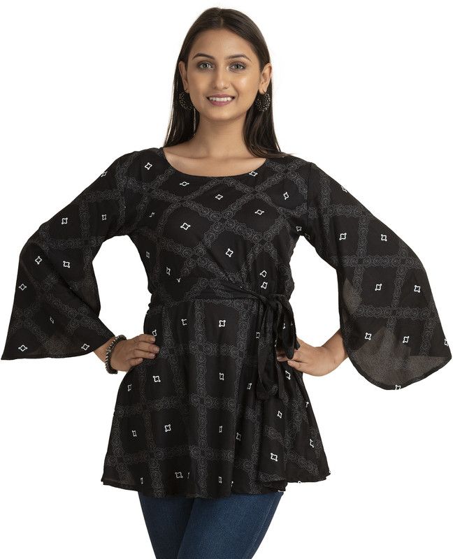 Casual Petal Sleeves Printed Women Black Top