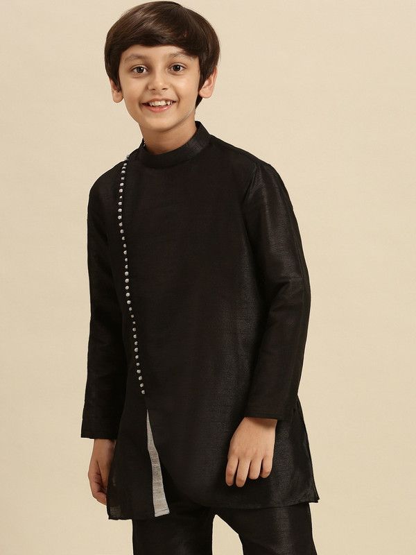 Boys Self Design Art Silk Frontslit Kurta  (Black)