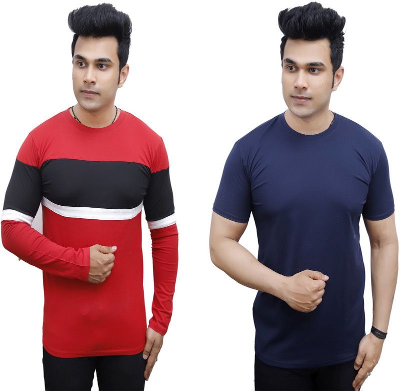 Pack of 2 Men Colorblock Round Neck Cotton Blend Red, Blue T-Shirt