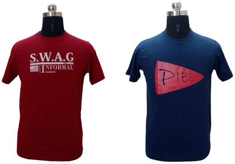 Pack of 2 Men Self Design Round Neck Cotton Blend Dark Blue, Maroon T-Shirt