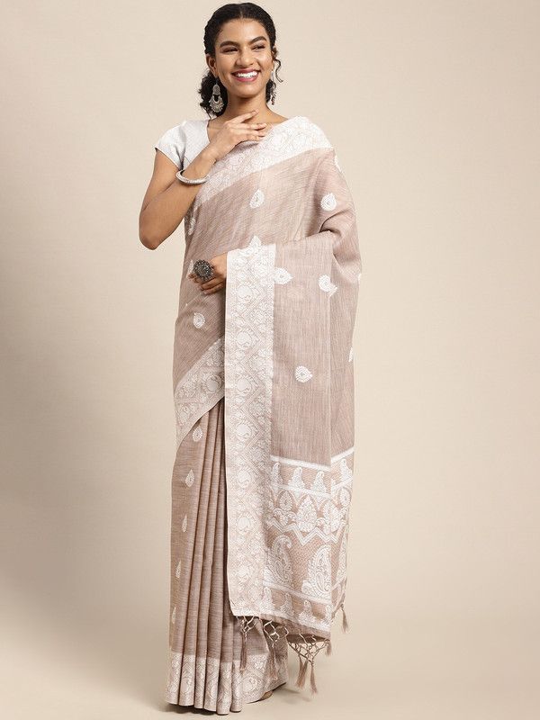 Paisley Kovai Linen Saree  (Brown)