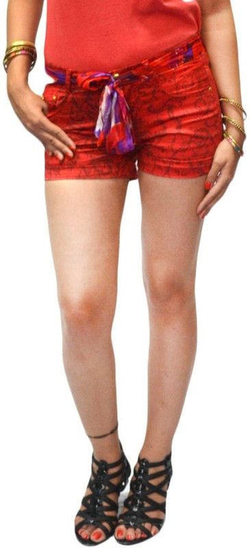 Floral Print Women Denim Red, Brown Denim Shorts