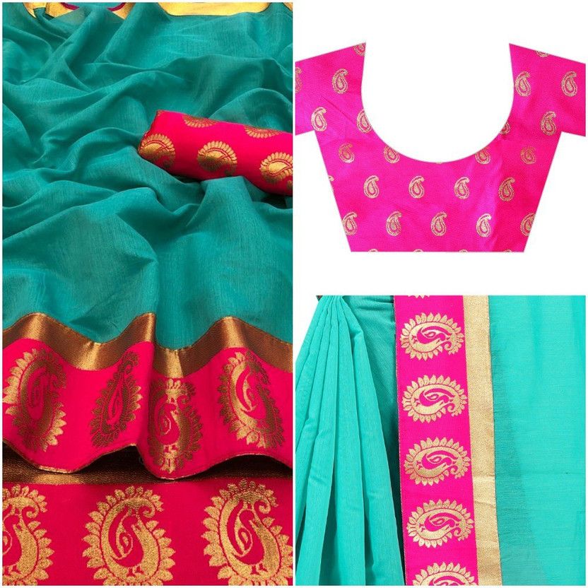 Embellished Chanderi Cotton Blend Saree  (Green)