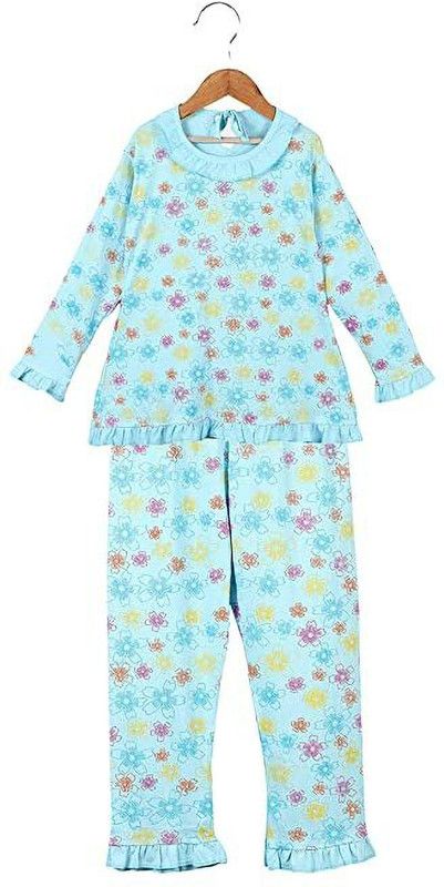 Girls Floral Print Cotton Blend Kids Nightwear  (Blue Pack of 1)