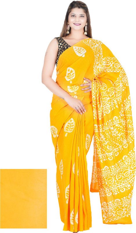 Printed, Digital Print Ikkat Pure Cotton Saree  (Yellow)