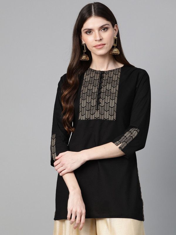 Women Embellished Pure Cotton Straight Kurta  (Black)